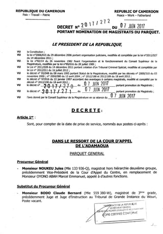 Paul Biya - Président du Cameroun - Décret N°2017/272 du 7 juin 2017 portant nomination de Magistrats du Parquet