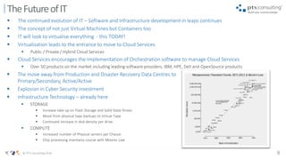 8© PTS Consulting 2016
 The continued evolution of IT – Software and Infrastructure development in leaps continues
 The concept of not just Virtual Machines but Containers too
 IT will look to virtualise everything - this TODAY!
 Virtualisation leads to the entrance to move to Cloud Services
 Public / Private / Hybrid Cloud Services
 Cloud Services encourages the implementation of Orchestration software to manage Cloud Services
 Over 50 products on the market including leading software providers, IBM, HPE, Dell and OpenSource products
TheFutureofIT
 The move away from Production and Disaster Recovery Data Centres to
Primary/Secondary, Active/Active
 Explosion in Cyber Security investment
 Infrastructure Technology – already here
 STORAGE
 Increase take up on Flash Storage and Solid State Drives
 Move from physical tape backups to Virtual Tape
 Continued increase in disk density per drive
 COMPUTE
 Increased number of Physical servers per Chassis
 Chip processing maintains course with Moores Law
 