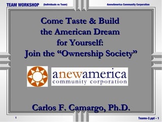 (Individuals vs Team)
1
TEAM WORKSHOP
Teams-2.ppt - 1
AnewAmerica Community Corporation
Come Taste & BuildCome Taste & Build
the American Dreamthe American Dream
for Yourself:for Yourself:
Join the “Ownership Society”Join the “Ownership Society”
Carlos F. Camargo, Ph.D.Carlos F. Camargo, Ph.D.
 