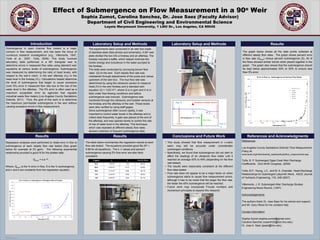 POSTER TEMPLATE BY:
www.PosterPresentations.com
Effect of Submergence on Flow Measurement in a 90o Weir
Sophia Zumot, Carolina Sanchez, Dr. Jose Saez (Faculty Advisor)
Department of Civil Engineering and Environmental Science
Loyola Marymount University, 1 LMU Dr., Los Angeles, CA 90045
Introduction Laboratory Setup and Methods Laboratory Setup and Methods
Results
Results
Results Conclusions and Future Work
Q (gpm) k n S at 5% Error
18.4 1.4X10-3 7.26 49.3%
53.9 2.5X10-3 6.72 44.6%
79.8 2.1X10-3 6.88 46.1%
112 2.4X10-3 6.66 45.6%
144 3.9X10-3 6.06 42.1%
Submergence Point
References and Acknowledgments
Submergence in open channel flow meters is a major
concern in flow measurement, and has been the focus of
numerous research investigations (e.g., Villemonte, 1947,
Tullis et al., 2007, Tullis, 2009). This study involved
laboratory tests performed in a 90o triangular weir to
determine errors in measured flow rates using standard weir
equations at various levels of submergence. Submergence
was measured by determining the ratio of head levels, with
respect to the weir’s notch, in the weir afterbay (H2) to the
head level in the forebay (H1). Calculations helped determine
the level of submergence that began to cause excessive
(over 5%) error in measured flow rate due to the rise of the
water level in the afterbay. The 5% error is often used as a
maximum acceptable error by agencies that regulate
industrial waste flow meters (Los Angeles County Sanitations
Districts, 2011). Thus, the goal of this work is to determine
the maximum permissible submergence in the weir without
causing excessive errors in flow measurement.
The graph below shows all the data points collected at
different steady flow rates. The graph shows percent error
in flow rate (Qerror) versus percent submergence (S). All of
the flows showed similar trends when placed together in the
graph. The graph also shows that the submergence should
be kept below approximately 40% or 50% to ensure less
than 5% error.
• This study showed that flow measurement in v-notch
weirs may still be accurate under considerable
submerged conditions.
• Specifically, we found that submergence did not start to
affect the readings of an ultrasonic flow meter until it
reached an average 42% to 49% (depending on the flow
rate tested).
• The results were reasonably consistent at the different
flow rates tested.
• Flow rate does not appear to be a major factor on when
submergence starts to cause flow measurement errors,
although it has to be noted that the larger the flow rate,
the faster the 45% submergence will be reached.
• Future work may incorporate Froude numbers and
momentum principles to expand this research.
References:
Los Angeles County Sanitations Districts’ Flow Measurement
Policy at:
www.lacsd.org/info/industrial_waste/policies/flow_measurement.asp
Tullis, B. P. Submerged Ogee Crest Weir Discharge
Coefficients. 33rd IAHR Congress, (2009)
Tullis, B.P., Young, J.C., and M. A. Chandler. Head-Discharge
Relationships for Submerged Labyrinth Weirs. ASCE Journal
of Hydraulic Engineering, 133, 248 (2007).
Villemonte, J. R. Submerged-Weir Discharge Studies.
Engineering News Record, (1947).
Acknowledgements:
The authors thank Dr. Jose Saez for his advice and support,
and Mr. Gary Hikiss for his constant help.
Contact Information:
Sophia Zumot (sophia.zumot@gmail.com)
Carolina Sanchez (csanch33@lion.lmu.edu)
Dr. Jose A. Saez (jsaez@lmu.edu)
The experiments were conducted in an weir box made
of stainless steel (See photos and schematic). A 90o weir
plate divided the box into a forebay and an afterbay. The
forebay included a baffle, which helped minimize the
kinetic energy and turbulence in the water pumped to
the forebay.
The tests were conducted by conveying known flow
rates (Q) to the weir. Each steady flow rate was
maintained through adjustments of the pump and valves
upstream of the weir box. The true flow rate was
determined by using the ultrasonic sensor to measure
head (H) in the weir forebay and a standard weir
equation (Q = 1122 H2.5, where Q is in gpm and H is in
feet) under free-flowing conditions and before
submergence was induced. Submergence was
monitored through the ultrasonic and bubbler sensors at
the forebay and the afterbay of the weir. These levels
were also verified by using staff gages.
Since submergence often occurs rapidly, it was
important to control water levels in the afterbay and to
collect data frequently. A gate was placed at the end of
the afterbay, and was opened slowly to control the rate
of rise of water level in the afterbay. This technique,
which was repeated at different steady flow rates,
allowed collection of frequent submergence data.
Regression analyses were performed to relate error in flow to
submergence at each steady flow rate tested (See graph
below for example at 53 gpm). The following exponential
relationship provided a good fit for the plotted data:
Qerror = k e nS ,
Where: Qerror is the % error in flow, S is the % submergence,
and n and k are constants from the regression equation.
The table below summarizes the regression results at each
flow rate tested. The equations provided good fits (R2 >
0.96 for all equations). The k, n values and percent
submergence causing 5% flow error are also fairly
consistent.
 