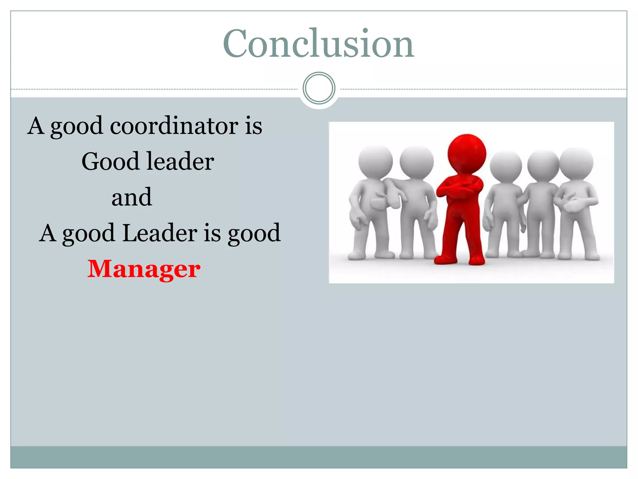 Conclusion
A good coordinator is
Good leader
and
A good Leader is good
Manager
 