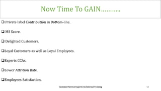 Now Time To GAIN………..
 Private label Contribution in Bottom-line.
 MS Score.
 Delighted Customers.
Loyal Customers as well as Loyal Employees.
Experts CCAs.
Lower Attrition Rate.
Employees Satisfaction.
Customer Service Experts-An Internal Training 12
 