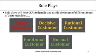 Role Plays
Customer Service Experts-An Internal Training 7
Angry
Customer
Decisive
Customer
Rational
Customer
Emotional
Customer
Normal
Customer
• Role plays will help CCAs to handle and tackle the issues of different types
of Customers like……
 