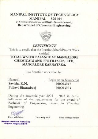 Manipal Bonafide MCF Project certificate 2004-2005