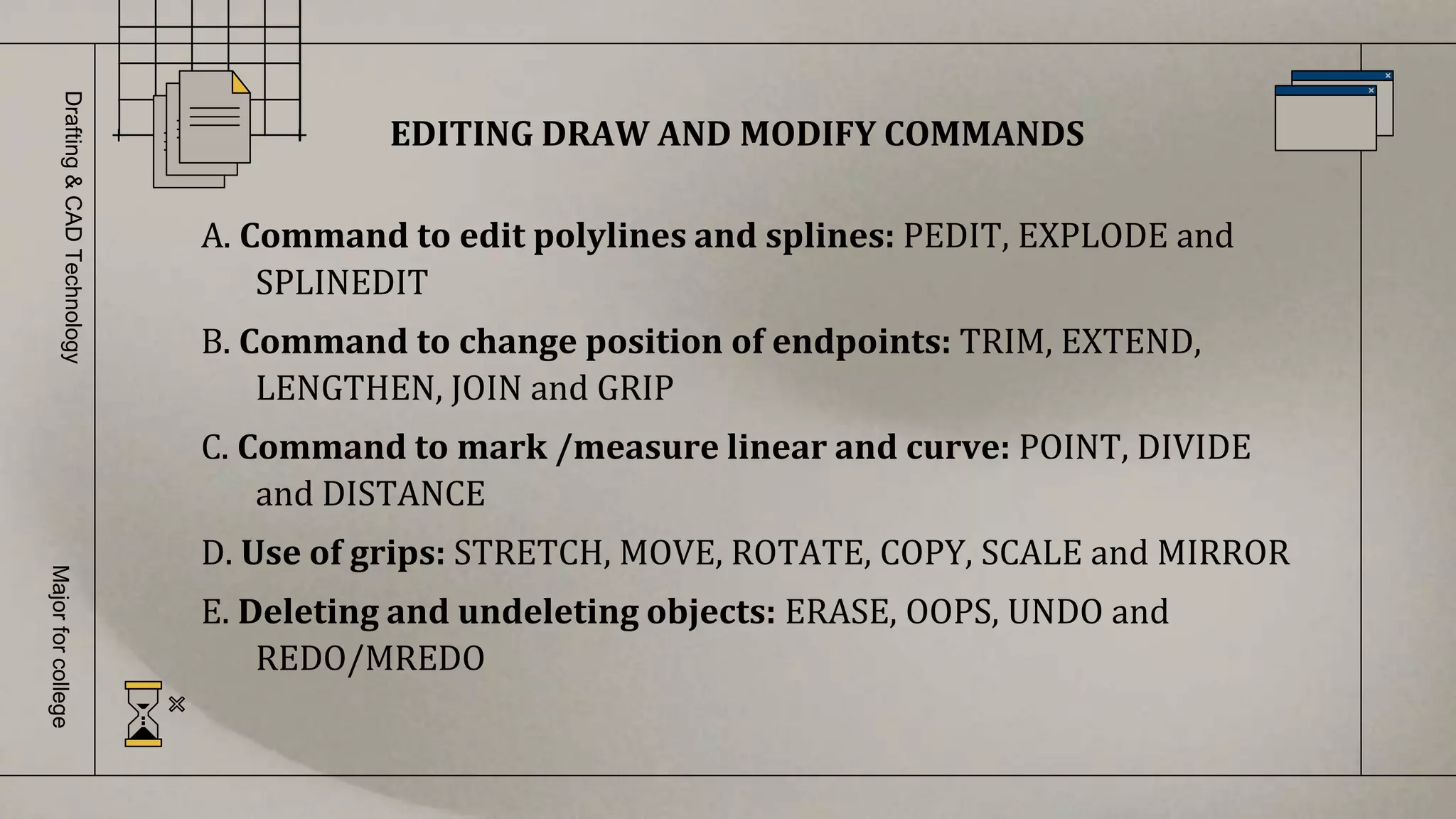 A. Command to edit polylines and splines: PEDIT, EXPLODE and
SPLINEDIT
B. Command to change position of endpoints: TRIM, EXTEND,
LENGTHEN, JOIN and GRIP
C. Command to mark /measure linear and curve: POINT, DIVIDE
and DISTANCE
D. Use of grips: STRETCH, MOVE, ROTATE, COPY, SCALE and MIRROR
E. Deleting and undeleting objects: ERASE, OOPS, UNDO and
REDO/MREDO
EDITING DRAW AND MODIFY COMMANDS
Drafting
&
CAD
Technology
Major
for
college
 