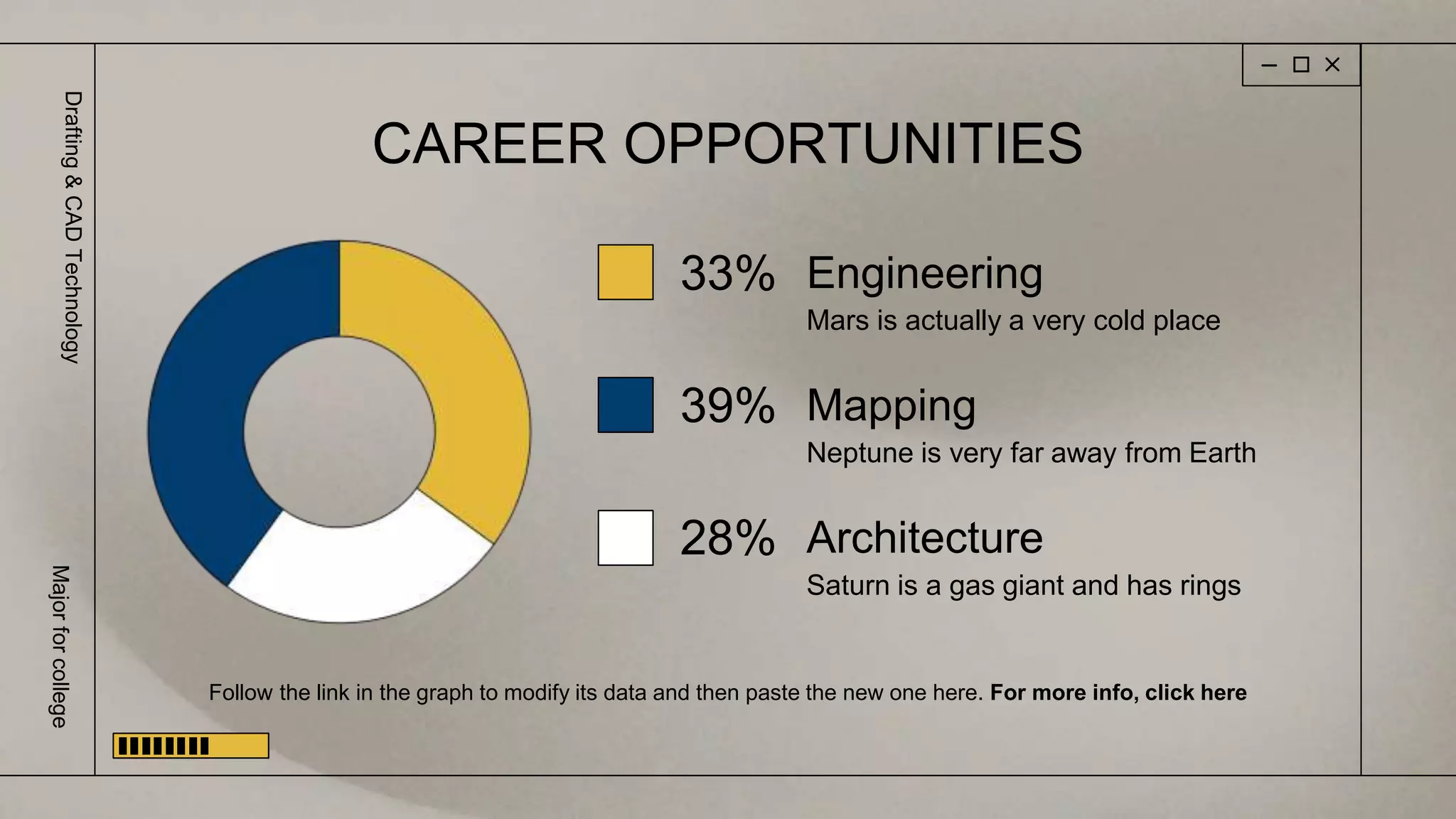 CAREER OPPORTUNITIES
Follow the link in the graph to modify its data and then paste the new one here. For more info, click here
Drafting
&
CAD
Technology
Major
for
college
Engineering
Mars is actually a very cold place
Mapping
Neptune is very far away from Earth
Architecture
Saturn is a gas giant and has rings
33%
39%
28%
 