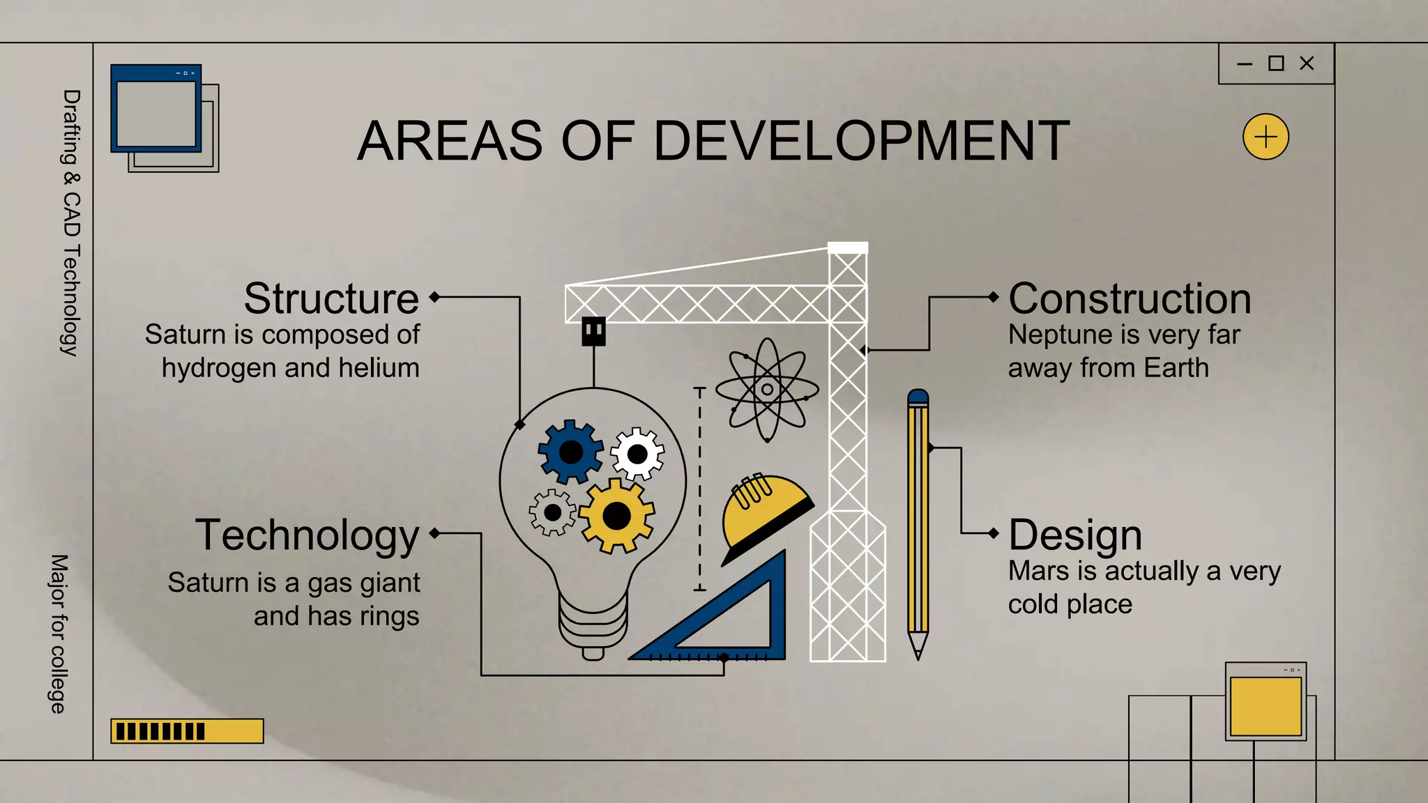 AREAS OF DEVELOPMENT
Structure
Saturn is composed of
hydrogen and helium
Technology
Saturn is a gas giant
and has rings
Construction
Neptune is very far
away from Earth
Design
Mars is actually a very
cold place
Drafting
&
CAD
Technology
Major
for
college
 