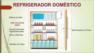 REFRIGERADOR DOMÉSTICO
Bobinas de Gelo
NÃO COLOCAR
NADA
Vacinas Inativadas
VacinasAtenuadas
Soros e Diluentes
Garrafas com Água
Não Armazenar na Porta
 