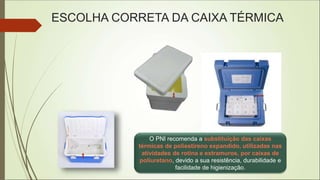 ESCOLHA CORRETA DA CAIXA TÉRMICA
O PNI recomenda a substituição das caixas
térmicas de poliestireno expandido, utilizadas nas
atividades de rotina e extramuros, por caixas de
poliuretano, devido a sua resistência, durabilidade e
facilidade de higienização.
 