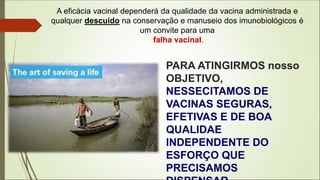 PARA ATINGIRMOS nosso
OBJETIVO,
NESSECITAMOS DE
VACINAS SEGURAS,
EFETIVAS E DE BOA
QUALIDAE
INDEPENDENTE DO
ESFORÇO QUE
PRECISAMOS
A eficácia vacinal dependerá da qualidade da vacina administrada e
qualquer descuido na conservação e manuseio dos imunobiológicos é
um convite para uma
falha vacinal.
 