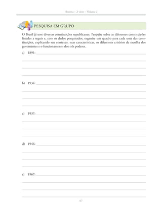 História – 2a
série – Volume 2
67
PESQUISA EM GRUPO
O Brasil já teve diversas constituições republicanas. Pesquise sobre as diferentes constituições
listadas a seguir e, com os dados pesquisados, organize um quadro para cada uma das cons-
tituições, explicando seu contexto, suas características, os diferentes critérios de escolha dos
governantes e o funcionamento dos três poderes.
a) 1891:
b) 1934:
c) 1937:
d) 1946:
e) 1967:
 