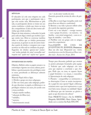 144
Ministério da Saúde II Caderno de Educação Popular em Saúde
rótulos
O educador (a) cola uma etiqueta em cada
participante, sem que o participante veja o
que está escrito nela. Movimentam-se pela
sala, os participantes devem se tratar uns aos
outros conforme o rótulo que virem na testa
dos companheiros. Cada um deve tentar adi-
vinhar que rótulo recebeu.
Depois de vinte minutos, o educador (a) pede
para cada um diga o rótulo que recebeu e por-
que sentiu isso. Deve-se conversar também
sobre os efeitos que os rótulos provocaram
nas pessoas, se gostam ou não de serem trata-
das a partir de rótulos e comparar com o que
acontece na vida real no cotidiano do grupo.
Sugestões de rótulos: aprecie-me/ ensine-
-me/ tenha piedade de mim/ aconselhe-me/
respeite-me/ ajude-me/ rejeite-me/ ignore-
-me / ria de mim/ zombe de mim
Exercício pessoal de revisão de vida e de prá-
tica:
a) Recolha-se num lugar tranqüilo, onde você
possa ficar em silêncio e confortável.
b) Retome a sua vida e procure refletir sobre
ela a partir das seguintes questões:
Como vai a sua relação? - consigo mesmo;
- com o grupo de jovens; - no namoro; - na
família; - com os(as) amigos(as); - com os co-
legas de trabalho; - com Deus.
c) Partilhar com seu grupo com os amigos
como foi a experiência.
Fonte:EQUIPE DA CASA DA
JUVENTUDE PE. BURNIER. Dinâmicas:
ilhas em alto mar. Disponível em: <www.
mundojovem.com.br/dinamicas/ilhas-em-
alto-mar>. Acesso em: 24 jan. 2014.
invertendo os papéis
Objetivo: Refletir sobre os papéis sexuais e os
estereótipos vigentes em nossa cultura; possi-
bilitar o questionamento dos privilégios entre
os sexos, percebendo as diferenças culturais
existentes.
Material: Papel ofício e lápis.
1. Dividir o grupo em cinco subgrupos.
2. Dar um tema para cada subgrupo, pedin-
do que discutam os papéis, as diferenças e os
privilégios relativos aos sexos, de acordo com
o tema recebido:
* relação marido-mulher;
* educação de filhos (as);
* trabalho;
* namoro;
* relacionamento sexual.
Tempo para discussão, pedindo que anotem
os pontos principais levantados pela equipe.
3. Solicitar que cada subgrupo crie uma
cena que expresse a conclusão a que che-
gou. Pedir que, na cena, os rapazes façam
o papel feminino e as moças, o masculino.
4. Apresentação de cada subgrupo.
5. Plenário - compartilhar os sentimentos e
as observações: Como se sentiu incorporan-
do o papel do sexo oposto? Qual a diferença
existente entre o que você representou e o que
você faria nessa situação na realidade? Quais
as diferenças que são inerentes ao gênero e
quais as que decorrem da cultura?
Fonte: PROJETO Crescer e Ser. In: SERRÃO,
Margarida; BALEEIRO, Maria Clarisse, Apren-
dendo a ser e a conviver.São Paulo:FDT,1999.
 