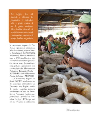 se estruturou a proposta do Pró-
-Saúde e pesquisa a ser realizada
pelos discentes do curso de Servi-
ço Social através do PIBIC 2012
(em análise). Além da articulação
com as IFES, também tem sido
cada vez mais estreita a aproxima-
ção com os atores dos movimen-
tos populares, especialmente com
a Articulação dos Movimentos e
Práticas de Educação Popular –
ANEPSSE e com o Movimento
Popular de Saúde – MOPSSE.
O Movimento Popular de
Saúde (MOPS), atualmente um
dos principais articuladores da
Fitoterapia em Sergipe, através
de muitas parcerias, promove
anualmente o Curso de Exten-
são em Fitoterapia (projeto con-
junto com a Universidade Fede-
ral de Sergipe - UFS), que está
em sua IV edição e conta com a
Em Sergipe, tem sido
recorrente a afirmação dos
pesquisadores e historiadores
sobre a grande tradição do
uso de plantas medicinais,
talvez também decorrente da
característica agrária desse estado
e da hegemônica composição de
arranjos familiares na produção.
Entre sementes e raízes
Foto: Aicó Culturas
 