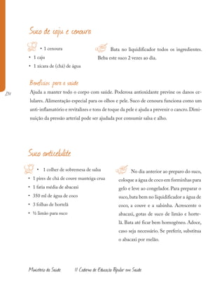 214
Ministério da Saúde II Caderno de Educação Popular em Saúde
!H
Benefícios para a saúde
Ajuda a manter todo o corpo com saúde. Poderosa antioxidante previne os danos ce-
lulares. Alimentação especial para os olhos e pele. Suco de cenoura funciona como um
anti-inflamatório e revitalizes e tons de toque da pele e ajuda a prevenir o cancro.Dimi-
nuição da pressão arterial pode ser ajudada por consumir salsa e alho.
• 1 cenoura
• 1 caju
• 1 xícara de (chá) de água
Bata no liquidificador todos os ingredientes.
Beba este suco 2 vezes ao dia.
Suco de caju e cenoura
!• 1 colher de sobremesa de salsa
• 1 pires de chá de couve manteiga crua
• 1 fatia média de abacaxi
• 350 ml de água de coco
• 3 folhas de hortelã
• ½ limão para suco
No dia anterior ao preparo do suco,
coloque a água de coco em forminhas para
gelo e leve ao congelador. Para preparar o
suco, bata bem no liquidificador a água de
coco, a couve e a salsinha. Acrescente o
abacaxi, gotas de suco de limão e horte-
lã. Bata até ficar bem homogêneo. Adoce,
caso seja necessário. Se preferir, substitua
o abacaxi por melão.
Suco anticelulite
H
 