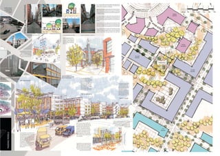 Street – Key roads through the area have been designed to approximately 18m wide.
The total carriageway width includes a 3m wide light well on inner streets and 2m wide
pedestrian footways containing linear runs of tree planting.
Streets have a wide and generous feeling of space which will identify this street as
significantly different from the majority of the other routes within the development.
Access to the plots will be taken directly from the carriageway into front and side
parking/garaging. Boundary treatments will be formed with street trees planted within
the curtilages of the buildings.
Lane – Lanes are an attempt to strike a balance between vehicular traffic and other road
users to create rich, attractive and versatile spaces and a vibrant living environment.
Together with the built form, Lanes have been integrated within the Masterplan for the
site to help enforce the slow passage of vehicles and create a safe environment for
pedestrians.
Lanes are formed from a 14 metre carriageway with 2 metre pavements that will have
some street trees in grilles where pavement is widest and on-street parking is provided
between these. It is envisaged that due to the character of the street the vehicle speeds
will be very low and will create a distinctive place of an intimate character.
Passage – A passage is formed by 7.5m wide link which will allow access to the frontages
of buildings, with vehicular access being taken at the rear. These routes will be intimate
in character with a high degree of enclosure. Planting will be used to emphasise the
character of these routes and provide interest to the street scene.
STREET ANTECEDENT; BROAD STREET
LANE ANTECEDENT; GAS STREET PASSAGE ANTECEDENT; CANNON STLANE ANTECEDENT; FLEET STREET
STREET&LANETYPOGRAPHIES
FOCUS
BUILDING
PERMIABLE EDGE TO THE
MAIN PUBLIC SPACE
VILLAGE
BLOCKS
FORUM
BLOCKS
VILLAGE
BLOCKS
CITY
BLOCKS
THRESHOLD
GLIMPSES THROUGH
TO THE HISTORIC
BUILDINGS ON THE
OTHER SIDE OF
DIGBETH
TRABLE PERIMETER WALL OF THE
ARKET COMPLEX
BUILDINGS FORMING THE
BLOCKS EXTENDING OUTWARDS
INTO THE IRISH QUARTER
THE FORUM BLOCK
THE VILLAGE BLOCK
THE CITY BLOCK
The principal blocks surrounding the Forum
have the largest ground floor units that are
most appropriate for national outlets. They
have below ground servicing and parking
and have frontages to the public squares
internally and the streets that define the
block. Although the over-riding idea is to
encourage local business and
estbalishments major space users will act
as anchors for the benefit of the local users
that are catered for in the surrounding
blocks. The vehicular access is via
Bromsgrove St
Where the Forum blocks interface with
the streets there are light wells allowing
the gradients to pass separately from the
floor levels of the undercroft and the
concourse. These gradients enable the
pedestrian to move up to the concourse
in the manner of many generic streets in
Birmingham to public spaces such as St
Phillip’s Square and St Paul’s. Examples
shown include Church St and Cannon St
which have been used as models for the
street typography
As the streets rise to the group of blocks
called the Forum blocks they converge at
‘Thresholds’ defined as their own, smaller
public spaces. These are not ‘gateways’ as
there are no walls or barriers but they give
a sense of arrival towards the top of the
slope before entering the Forum
The village blocks are the
interface btween the larger scale
of the public performance space
and the more intimate and
locally driven main space of the
scheme. The commercial units
are smaller and the undercroft
lower in height the servicing of
the streets is limited to
discourage HGV deliveries and
encorage local trucks and vans
The city block is lower still and
is formed of terraced units
with the potential for work
units or commercial outlets at
the ground level. There is no
raisd concourse and the
courtyard is for parking and
servicing of the family units.
These could be 6/7 bedrooms
with the flexibility associated
with the geogian terrace
There is a significant potential for an interplay
between the formal landscape of the streets and
lanes and the randomness of the nebula. This is
most apparent at the threshold where the
combination heightens the awareness of this
important space
MASSINGMODELS
1;500 scale 10m 20m 30m 40m 50m0m
Sketch looking away from the
Forum towards the squares and
quads of the village through the
perforate edge surrounding the
performance space and the main
public arena
Sketch looking from the east side
of Digbeth across the new public
space towards the Forum up a
gradient to the public performance
space. This is the connection with
the Metro and the bus service
 