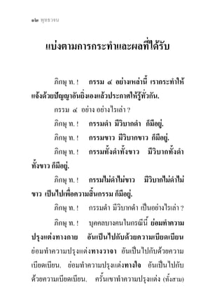 แกกรรม ? ๑๓


ดังนี้แลว ยอมเขาถึงโลก อันเปนไปกับดวยความ
เบียดเบียน ; ผัสสะทั้งหลาย อันเปนไปกับดวยความ
เบียดเบียน ยอมถูกตองเขาซึ่งเปนผูเขาถึงโลกอันเปนไป
ดวยความเบียดเบียน ; เขาอันผัสสะที่เปนไปกับดวย
ความเบียดเบียนถูกตองแลว ยอมเสวยเวทนาที่เปนไป
ดวยความเบียดเบียน อันเปนทุกขโดยสวนเดียว, ดังเชน
พวกสัตวนรก.
          ภิกษุ ท. ! นี้เรียกวากรรมดํา มีวิบากดํา.
          ภิกษุ ท. ! กรรมขาว มีวิบากขาว เปนอยางไรเลา ?
          ภิกษุ ท. ! บุคคลบางคนในกรณีนี้ ยอมทําความ
ปรุงแตงทางกาย อันไมเปนไปกับดวยความเบียดเบียน,
ยอมทําความปรุงแตงทางวาจา อันไมเปนไปกับดวยความ
เบียดเบียน, ยอมทําความปรุงแตงทางใจ อันไมเปนไปกับ
ดวยความเบียดเบียน, ครั้นเขาทําความปรุงแตง (ทั้งสาม)
ดังนี้แลว ยอมเขาถึงโลก อันไมเปนไปกับดวยความ
เบียดเบียน ; ผัสสะทั้งหลายที่ไมเปนไปกับดวยความ
เบียดเบียน ยอมถูกตองเขาผูเขาถึงโลกอันไมเปนไป
กับดวยความเบียดเบียน ; เขาอันผัสสะที่ไมเปนไปกับ
 
