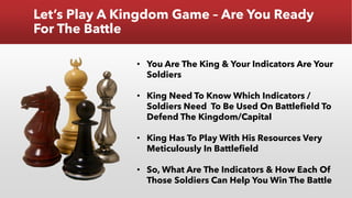 Let’s Play A Kingdom Game – Are You Ready
For The Battle
• You Are The King & Your Indicators Are Your
Soldiers
• King Need To Know Which Indicators /
Soldiers Need To Be Used On Battlefield To
Defend The Kingdom/Capital
• King Has To Play With His Resources Very
Meticulously In Battlefield
• So, What Are The Indicators & How Each Of
Those Soldiers Can Help You Win The Battle
 