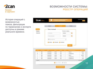 28 ЯНВАРЯ 2014
12
ВОЗМОЖНОСТИ СИСТЕМЫ:
РЕЕСТР ОПЕРАЦИЙ
История операций с
возможностью
поиска, фильтрации
по терминалам и экспорта
доступны в режиме
реального времени.
 