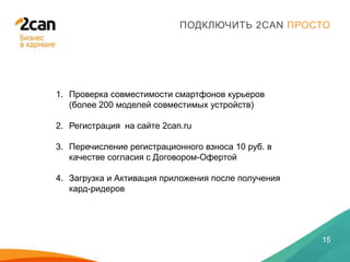 28 ЯНВАРЯ 2014
15
ПОДКЛЮЧИТЬ 2CAN ПРОСТО
1. Проверка совместимости смартфонов курьеров
(более 200 моделей совместимых устройств)
2. Регистрация на сайте 2сan.ru
3. Перечисление регистрационного взноса 10 руб. в
качестве согласия с Договором-Офертой
4. Загрузка и Активация приложения после получения
кард-ридеров
 