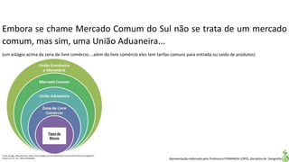 Apresentação elaborada pela Professora FERNANDA LOPES, disciplina de Geografia
Embora se chame Mercado Comum do Sul não se trata de um mercado
comum, mas sim, uma União Aduaneira...
(um estágio acima da zona de livre comércio....além do livre comércio eles tem tarifas comuns para entrada ou saída de produtos)
Tipos de
Blocos
Fonte: Google. Disponível em:<https://sites.google.com/site/blocoseconomicos1455/niveis-de-integração>.
Acesso em: 02 mar. 2016. (Adaptado)
 