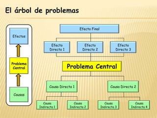 El árbol de problemas

                                     Efecto Final

  Efectos

                    Efecto              Efecto                 Efecto
                   Directo 1           Directo 2              Directo 3



 Problema
  Central                      Problema Central


                   Causa Directa 1                        Causa Directa 2

  Causas

              Causa              Causa                Causa                 Causa
            Indirecta 1        Indirecta 2          Indirecta 3           Indirecta 4
 