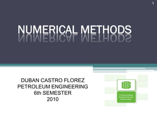 1




NUMERICAL METHODS



 DUBAN CASTRO FLOREZ
PETROLEUM ENGINEERING
     6th SEMESTER
          2010
 