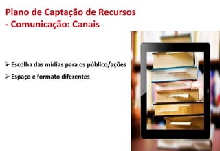 Escolha das mídias para os público/ações
Espaço e formato diferentes
Plano de Captação de Recursos
- Comunicação: Canais
 