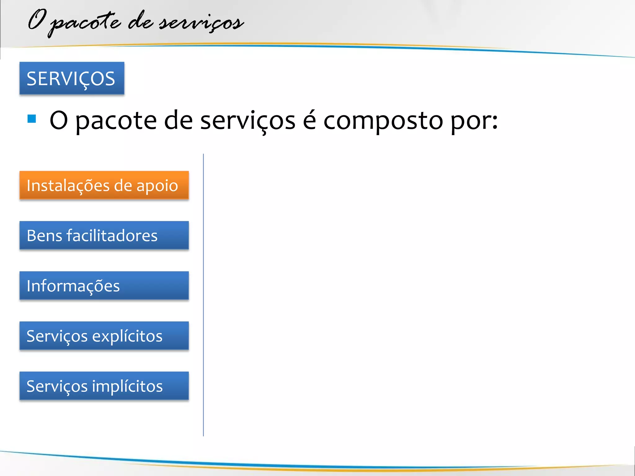 O pacote de serviços
SERVIÇOS

 O pacote de serviços é composto por:

Instalações de apoio

Bens facilitadores

Informações

Serviços explícitos

Serviços implícitos
 