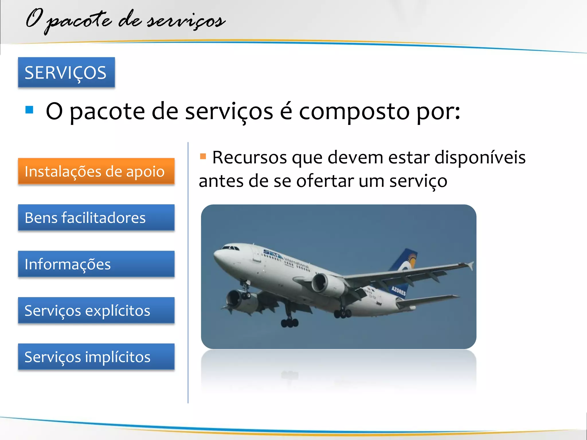 O pacote de serviços
SERVIÇOS

 O pacote de serviços é composto por:
                        Recursos que devem estar disponíveis
Instalações de apoio
                       antes de se ofertar um serviço
Bens facilitadores

Informações

Serviços explícitos

Serviços implícitos
 