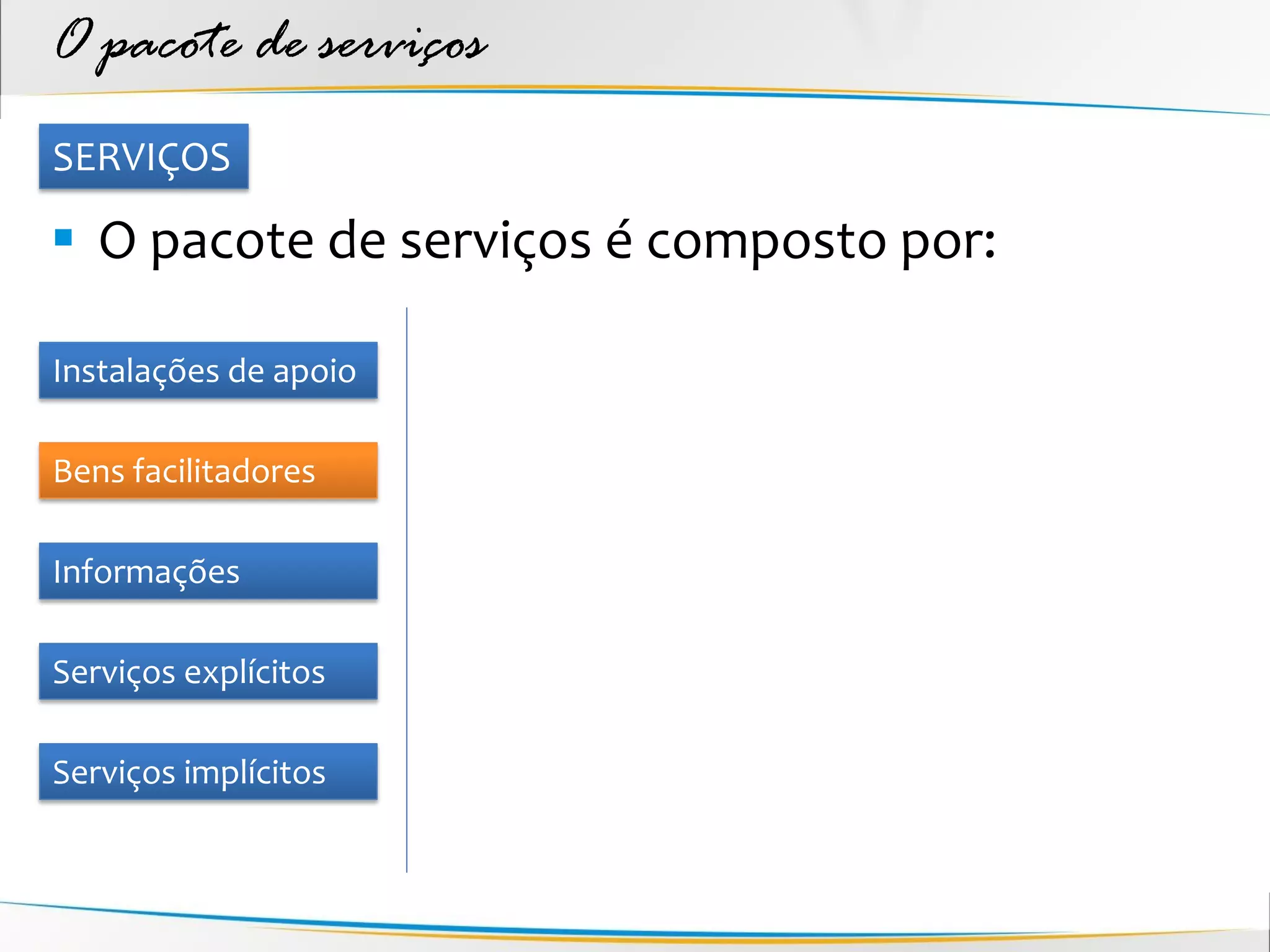 O pacote de serviços
SERVIÇOS

 O pacote de serviços é composto por:

Instalações de apoio

Bens facilitadores

Informações

Serviços explícitos

Serviços implícitos
 