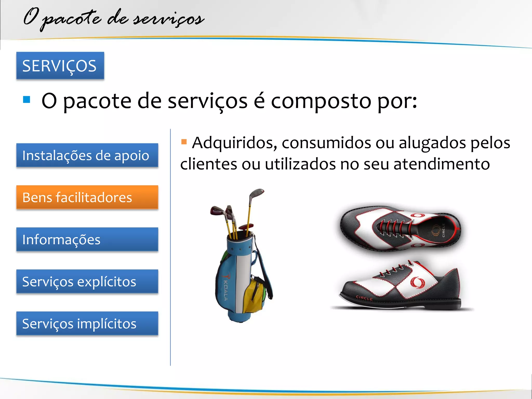 O pacote de serviços
SERVIÇOS

 O pacote de serviços é composto por:
                        Adquiridos, consumidos ou alugados pelos
Instalações de apoio
                       clientes ou utilizados no seu atendimento
Bens facilitadores

Informações

Serviços explícitos

Serviços implícitos
 