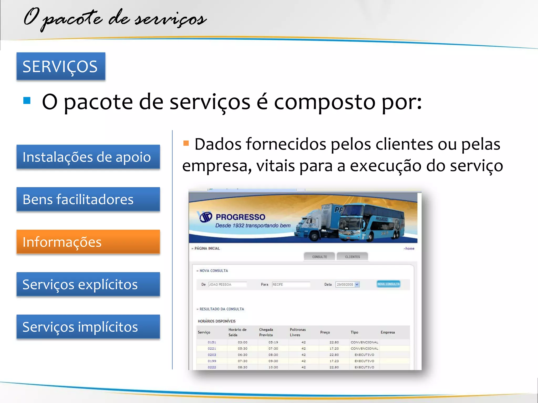 O pacote de serviços
SERVIÇOS

 O pacote de serviços é composto por:
                        Dados fornecidos pelos clientes ou pelas
Instalações de apoio
                       empresa, vitais para a execução do serviço
Bens facilitadores

Informações

Serviços explícitos

Serviços implícitos
 