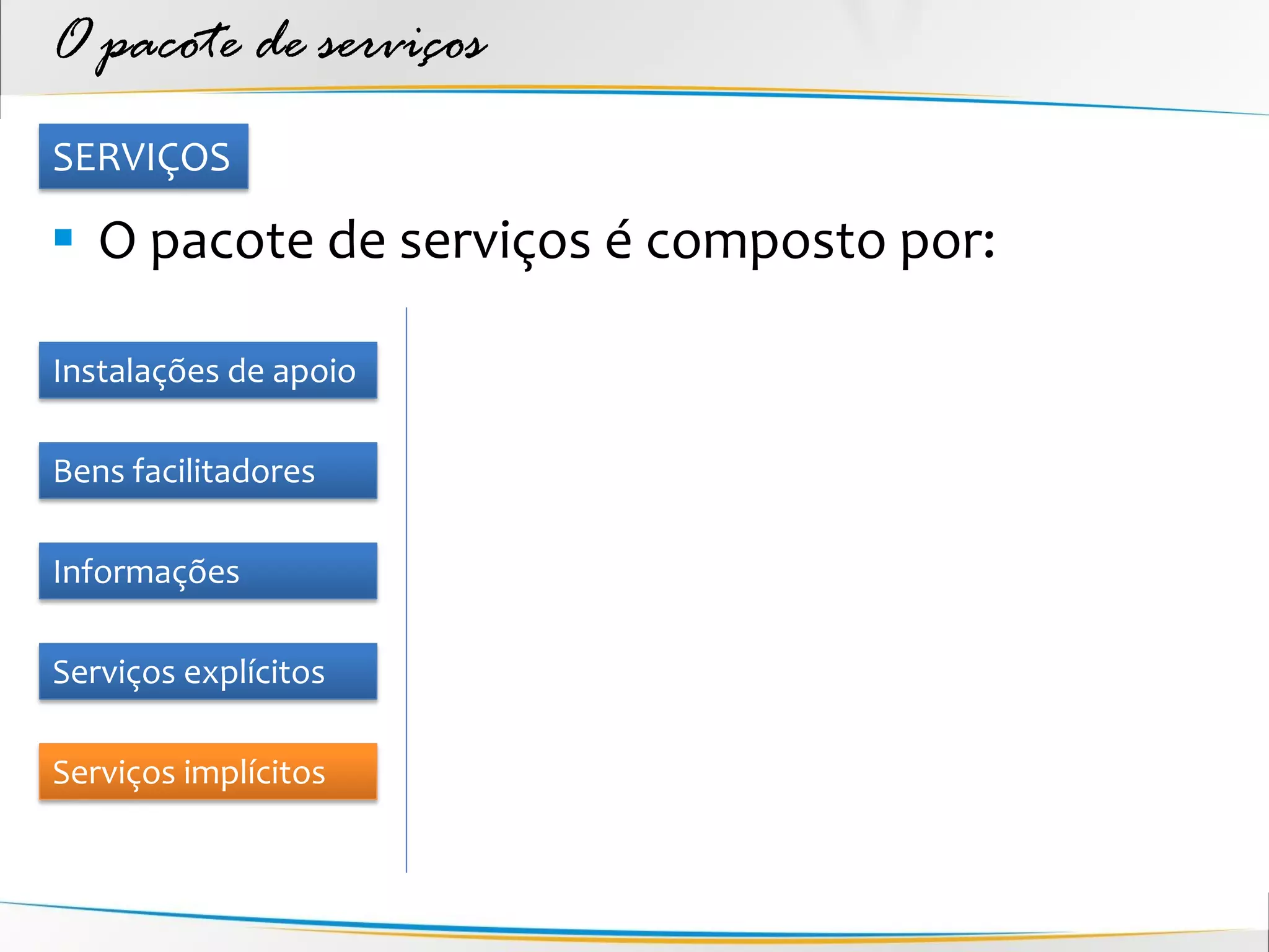 O pacote de serviços
SERVIÇOS

 O pacote de serviços é composto por:

Instalações de apoio

Bens facilitadores

Informações

Serviços explícitos

Serviços implícitos
 