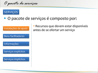 O pacote de serviços
SERVIÇOS

 O pacote de serviços é composto por:
                        Recursos que devem estar disponíveis
Instalações de apoio
                       antes de se ofertar um serviço
Bens facilitadores

Informações

Serviços explícitos

Serviços implícitos
 