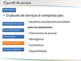O pacote de serviços
SERVIÇOS

 O pacote de serviços é composto por:
                        Benefícios prontamente percebidos
Instalações de apoio
                       ASPECTOS IMPORTANTES
Bens facilitadores
                        Treinamento do pessoal
Informações
                        Abrangência
Serviços explícitos
                        Consistência
Serviços implícitos
                        Disponibilidade
 