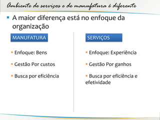 Ambiente de serviços e de manufatura é diferente
 A maior diferença está no enfoque da
  organização
  MANUFATURA                 SERVIÇOS

  Enfoque: Bens              Enfoque: Experiência

  Gestão Por custos          Gestão Por ganhos

  Busca por eficiência       Busca por eficiência e
                             efetividade
 