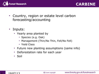CARBINE

• Country, region or estate level carbon
  forecasting/accounting

• Inputs:
  • Yearly area planted by
     • Species (e.g. Oak)
     • Management (Thin/No Thin, Fell/No Fell)
     • Yield Class
  • Future new planting assumptions (same info)
  • Deforestation rate for each year
  • Soil
 