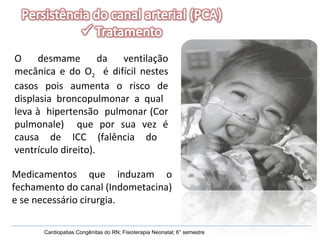 Medicamentos que induzam o fechamento do canal (Indometacina) e se necessário cirurgia. Cardiopatias Congênitas do RN; Fisioterapia Neonatal; 6° semestre O desmame da ventilação mecânica e do O 2   é difícil nestes casos pois aumenta o risco de displasia broncopulmonar a qual  leva à  hipertensão  pulmonar (Cor pulmonale)  que por sua vez é causa de ICC (falência do  ventrículo direito).  