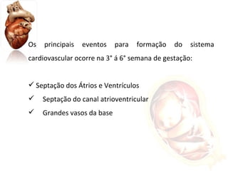 Os principais eventos para formação do sistema cardiovascular ocorre na 3° á 6° semana de gestação: Septação dos Átrios e Ventrículos Septação do canal atrioventricular Grandes vasos da base 