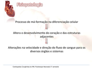 Processo de má-formação na diferenciação celular Altera o desenvolvimento do coração e das estruturas adjacentes Alterações na velocidade e direção do fluxo de sangue para os diversos órgãos e sistemas Cardiopatias Congênitas do RN; Fisioterapia Neonatal; 6° semestre 