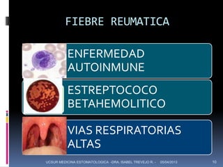 FIEBRE REUMATICA

          ENFERMEDAD
          AUTOINMUNE
          ESTREPTOCOCO
          BETAHEMOLITICO

          VIAS RESPIRATORIAS
          ALTAS
UCSUR MEDICINA ESTOMATOLOGICA -DRA. ISABEL TREVEJO R. -   05/04/2013   10
 