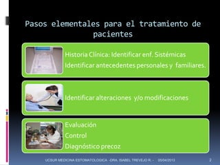Pasos elementales para el tratamiento de
               pacientes

              Historia Clínica: Identificar enf. Sistémicas
              Identificar antecedentes personales y familiares.



              Identificar alteraciones y/o modificaciones


              Evaluación
              Control
              Diagnóstico precoz
    UCSUR MEDICINA ESTOMATOLOGICA -DRA. ISABEL TREVEJO R. -   05/04/2013   2
 