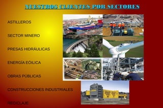 NUESTROS CLIENTES POR SECTORESNUESTROS CLIENTES POR SECTORES
ASTILLEROS
SECTOR MINERO
PRESAS HIDRÁULICAS
ENERGÍA EÓILICA
OBRAS PÚBLICAS
CONSTRUCCIONES INDUSTRIALES
RECICLAJE
 