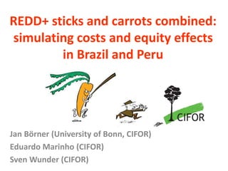 REDD+ sticks and carrots combined: 
simulating costs and equity effects 
in Brazil and Peru 
Jan Börner (University of Bonn, CIFOR) 
Eduardo Marinho (CIFOR) 
Sven Wunder (CIFOR) 
 