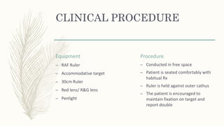 CLINICAL PROCEDURE
Equipment
– RAF Ruler
– Accommodative target
– 30cm Ruler
– Red lens/ R&G lens
– Penlight
Procedure
– Conducted in free space
– Patient is seated comfortably with
habitual Rx
– Ruler is held against outer cathus
– The patient is encouraged to
maintain fixation on target and
report double
 