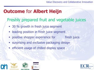 Value Discovery and Collaborative Innovation



Outcome for Albert Heijn
 Freshly prepared fruit and vegetable juices
   30 % growth in fresh juice segment
   leading position in fresh juice segment
   positive shopper experience for            fresh juice
   surprising and exclusive packaging design
   efficient usage of chilled display space
 