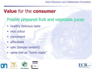 Value Discovery and Collaborative Innovation



Value for the consumer
 Freshly prepared fruit and vegetable juices
  healthy delicious taste
  nice colour
  convenient
  affordable
  safe (tamper evident)
  same feel as “home made”
 