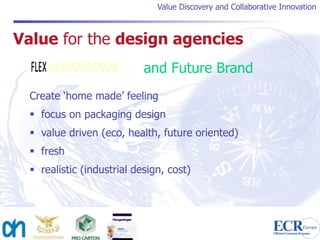 Value Discovery and Collaborative Innovation



Value for the design agencies
 Flex Development and Future Brand
  Create ‘home made’ feeling
   focus on packaging design
   value driven (eco, health, future oriented)
   fresh
   realistic (industrial design, cost)
 