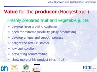 Value Discovery and Collaborative Innovation



Value for the producer (Hoogesteger)
 Freshly prepared fruit and vegetable juices
  develop large growing customer
  need for extreme flexibility (daily production)
  develop unique and smooth process
  delight the retail customer
  low cost solution
  preventing counterfeiting
  show more of his product (fresh fruit)
 