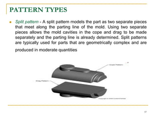 PATTERN TYPES
 Split pattern - A split pattern models the part as two separate pieces
that meet along the parting line of the mold. Using two separate
pieces allows the mold cavities in the cope and drag to be made
separately and the parting line is already determined. Split patterns
are typically used for parts that are geometrically complex and are
produced in moderate quantities
37
 